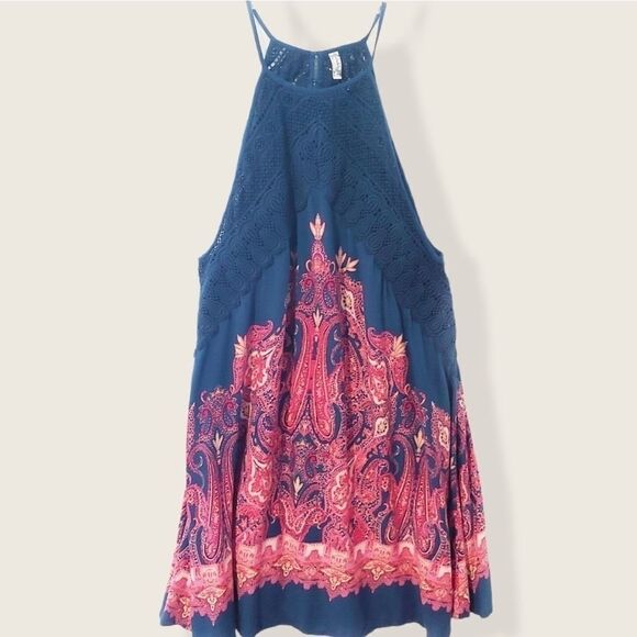 Free People Shea printed Navy Pink crocheted strappy tunic dress - Picture 5 of 7